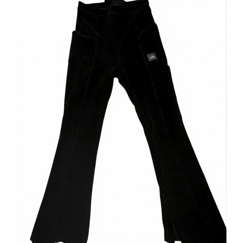 Alo Yoga Ribbed Velour Flare Pants Black High Waist Side Slit Cargo Pockets